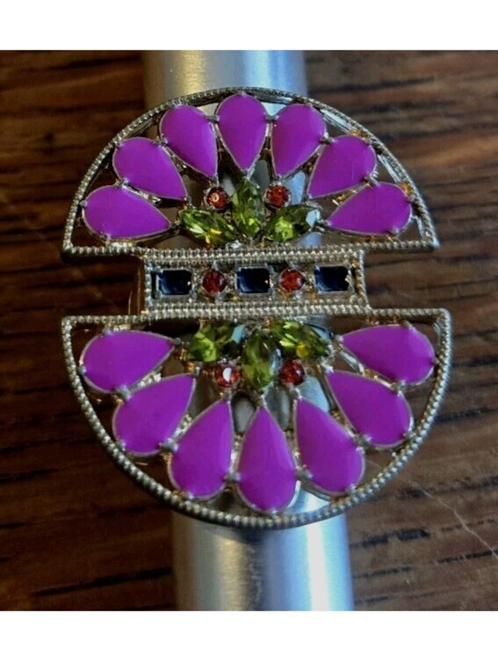 Pink Acrylic And Rhinestones Statement Ring 1.5" Size 7.5 Adjustable Ring Band